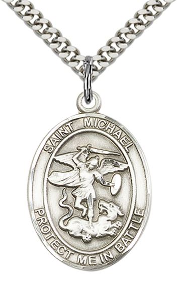 STERLING SILVER ST MICHAEL MILITARY PENDANT ON A CHAIN - 1" x 5/8"